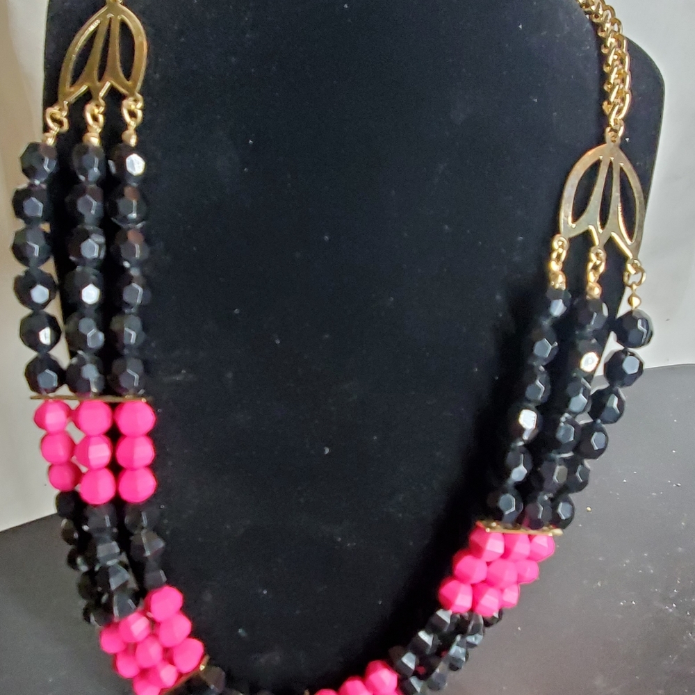Multi Strand Black/ Pink Faceted Bead Necklace Gold Colored Dividers/ Accents